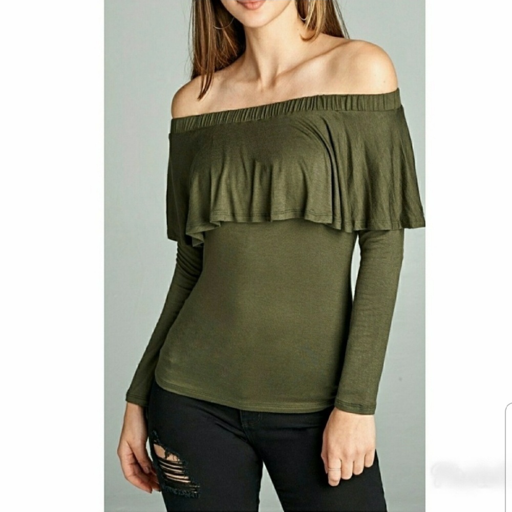 NWT Olive Green Off Shoulder Ruffle Long Sleeve Top M L